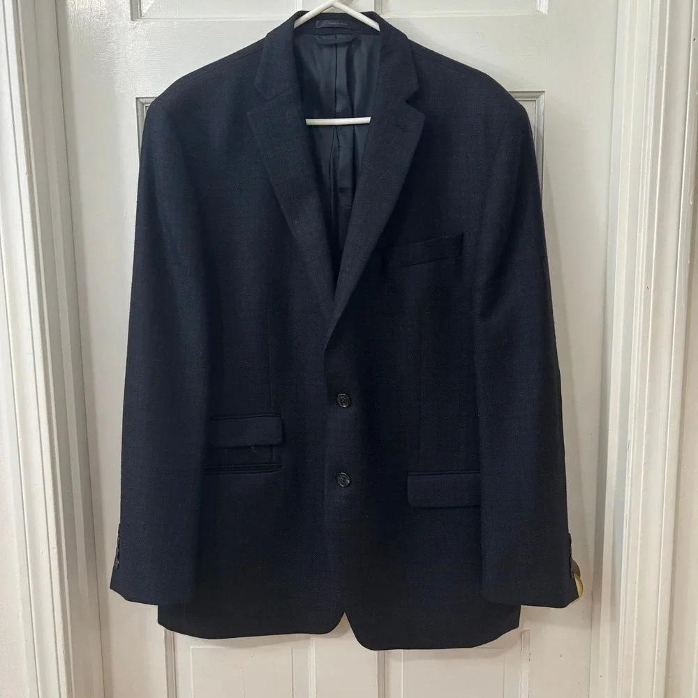 Lauren Ralph Lauren Mens 44R Deep Blue‎ Wool Blazer Heritage Brown Elbow Patches